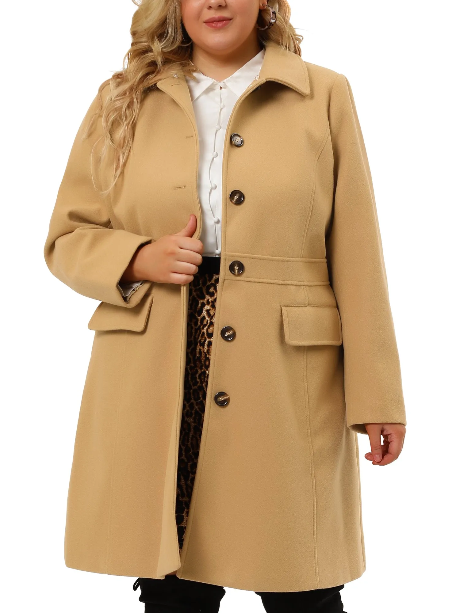 Plus Size Coats Contrast Collar Single Breasted Long Coat