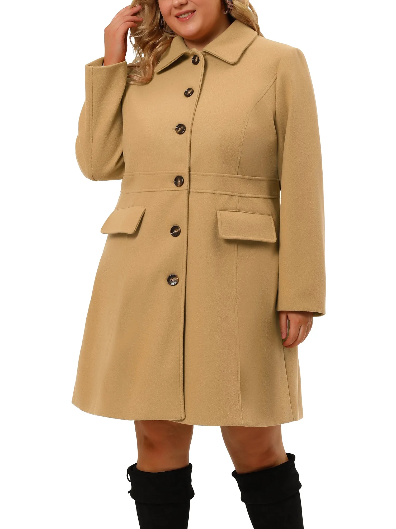 Plus Size Coats Contrast Collar Single Breasted Long Coat