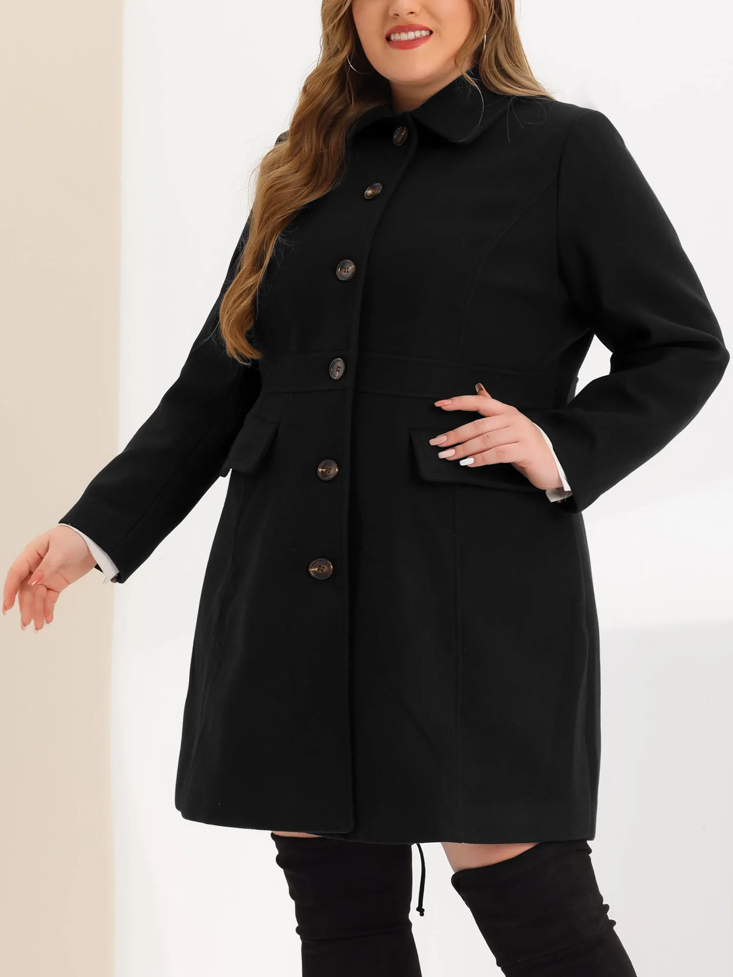 Plus Size Coats Contrast Collar Single Breasted Long Coat