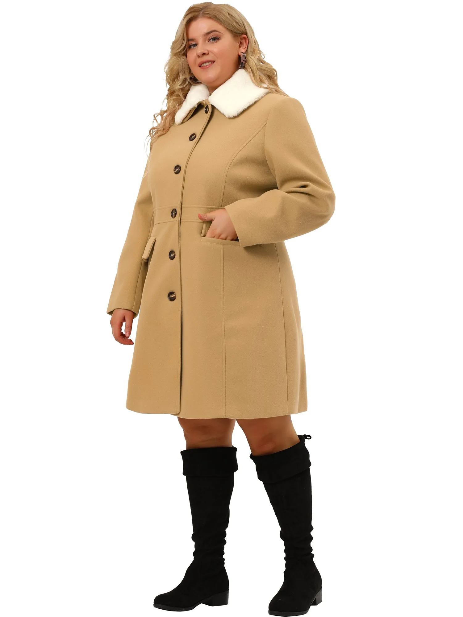 Plus Size Coats Contrast Collar Single Breasted Long Coat