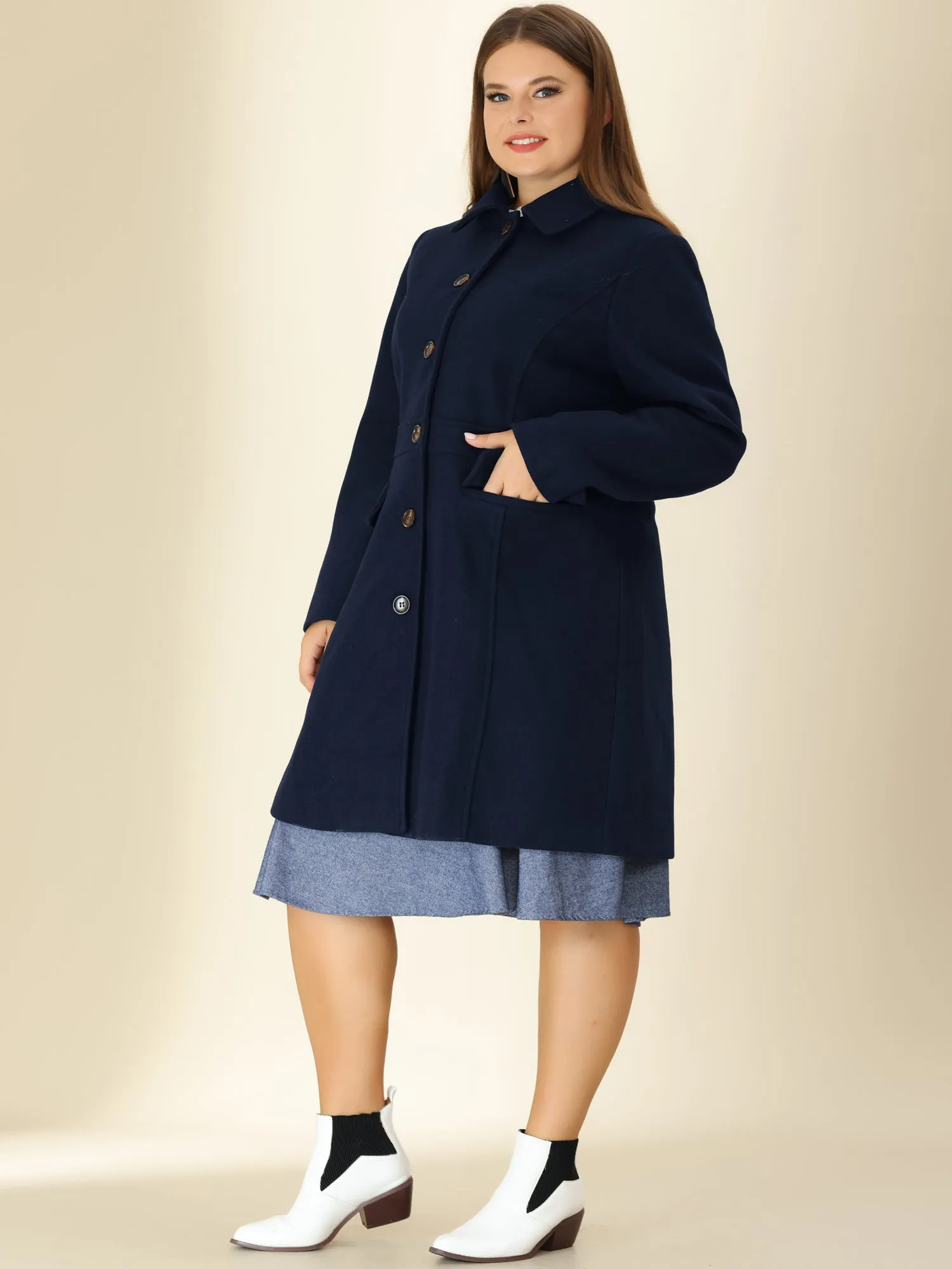 Plus Size Coats Contrast Collar Single Breasted Long Coat