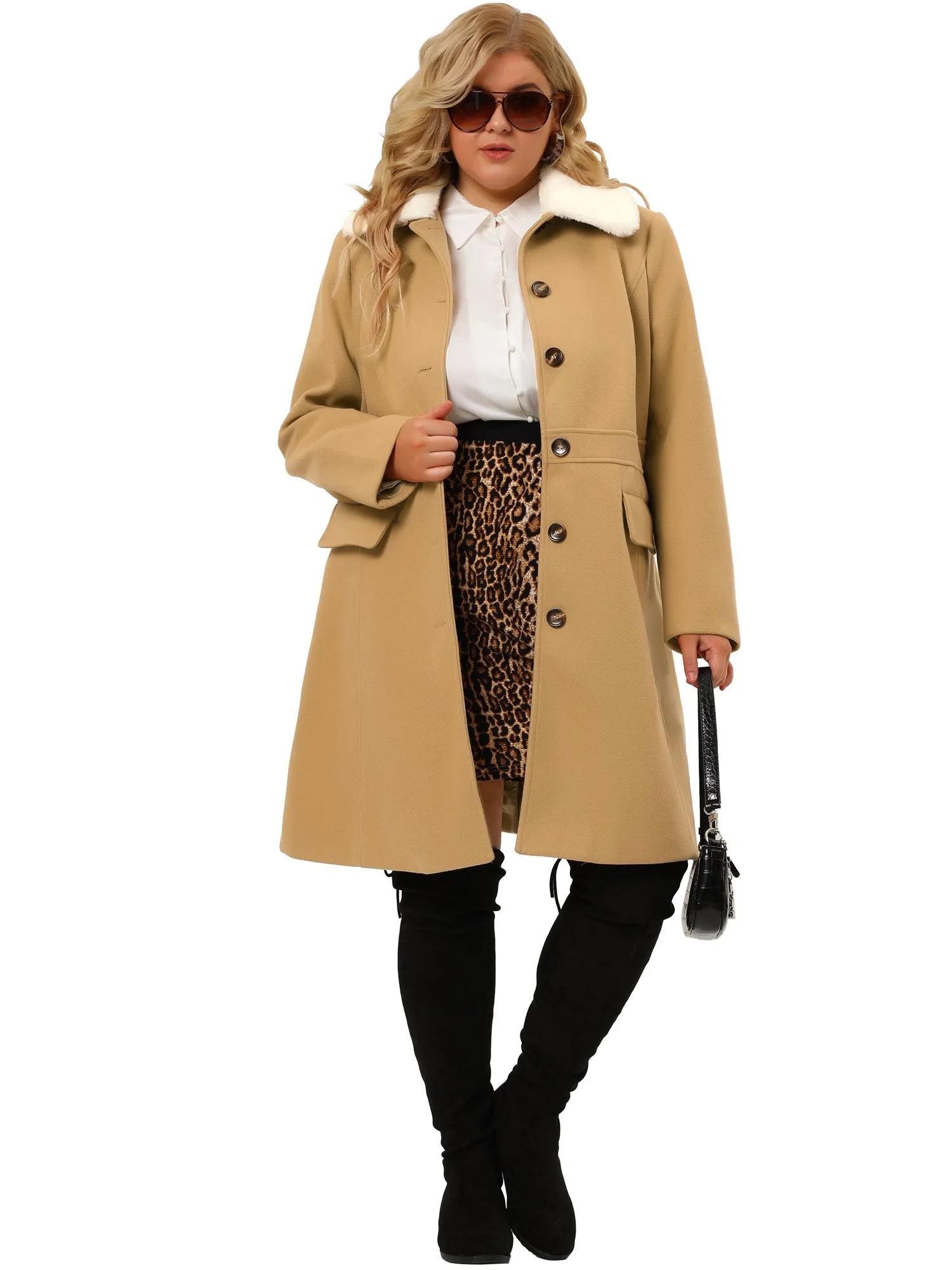 Plus Size Coats Contrast Collar Single Breasted Long Coat