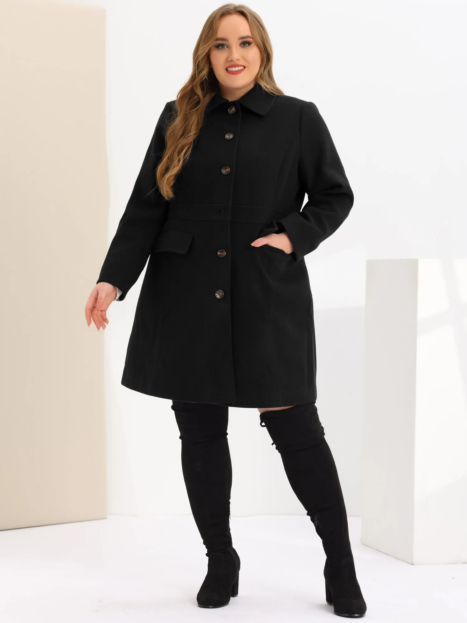 Plus Size Coats Contrast Collar Single Breasted Long Coat