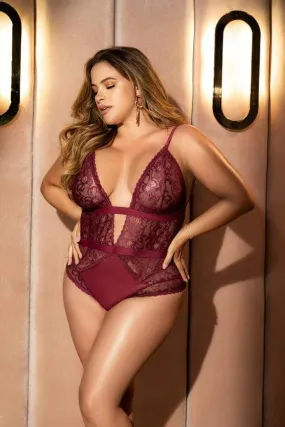 Plus Size Sexy Burgundy Floral Lace & Embroidered Heart Bodysuit Lingerie (Black also Available)