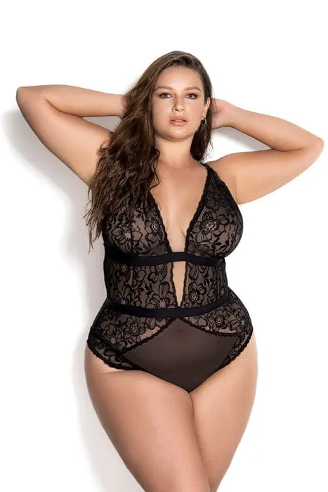 Plus Size Sexy Burgundy Floral Lace & Embroidered Heart Bodysuit Lingerie (Black also Available)