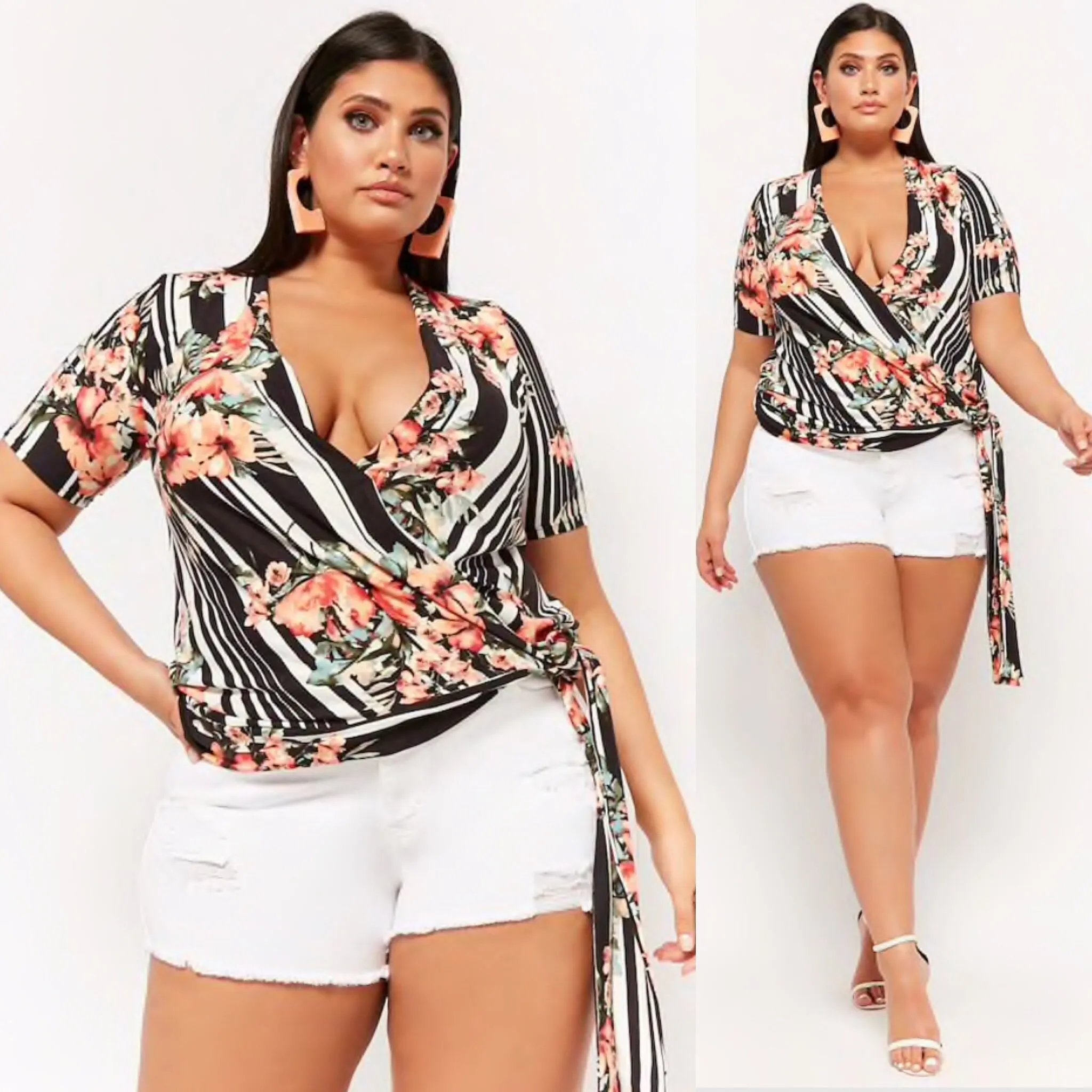 PLUS SIZE Striped Floral Surplice Top