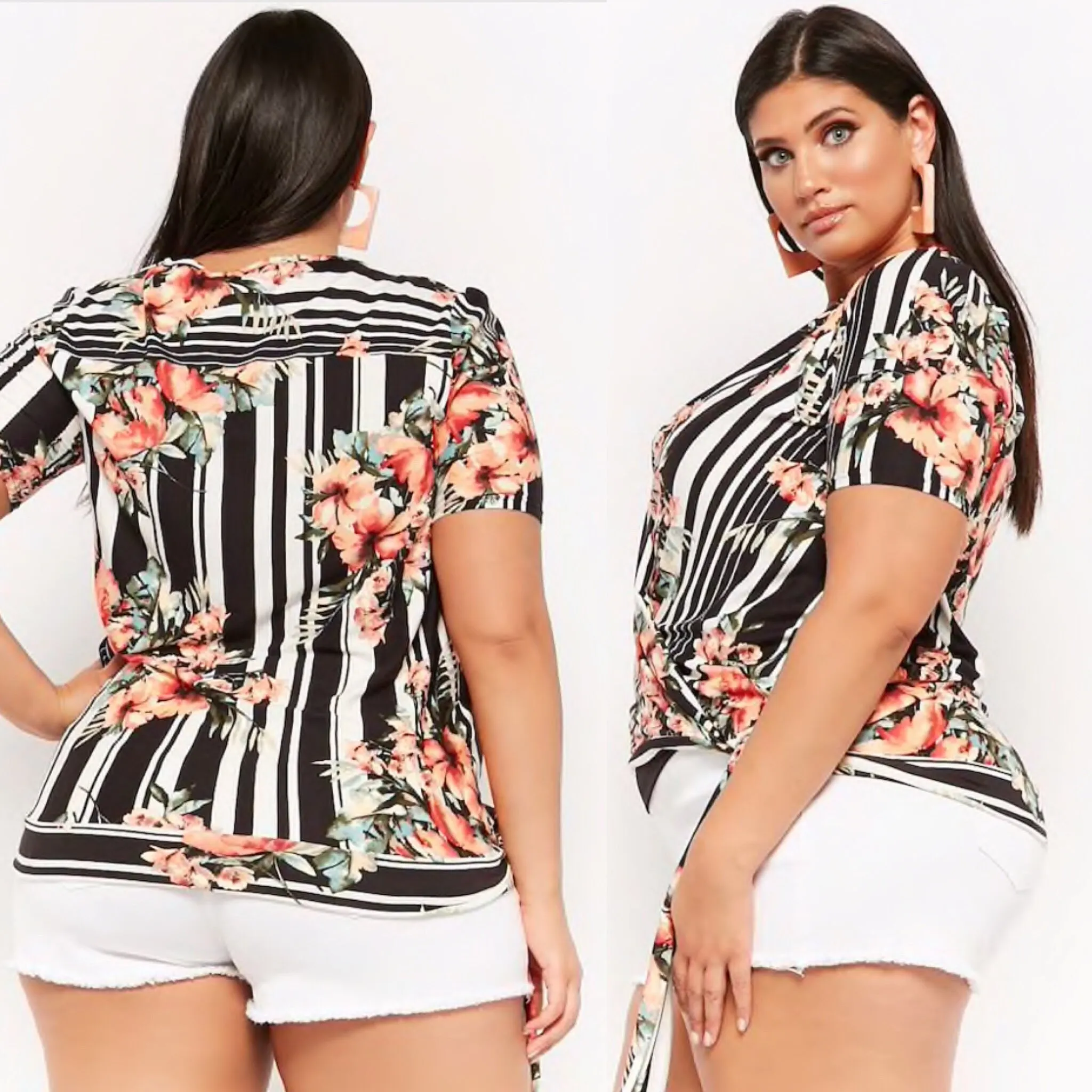 PLUS SIZE Striped Floral Surplice Top