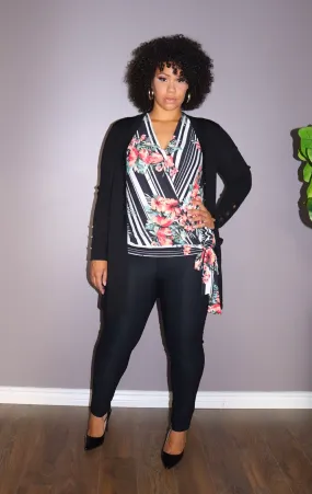 PLUS SIZE Striped Floral Surplice Top