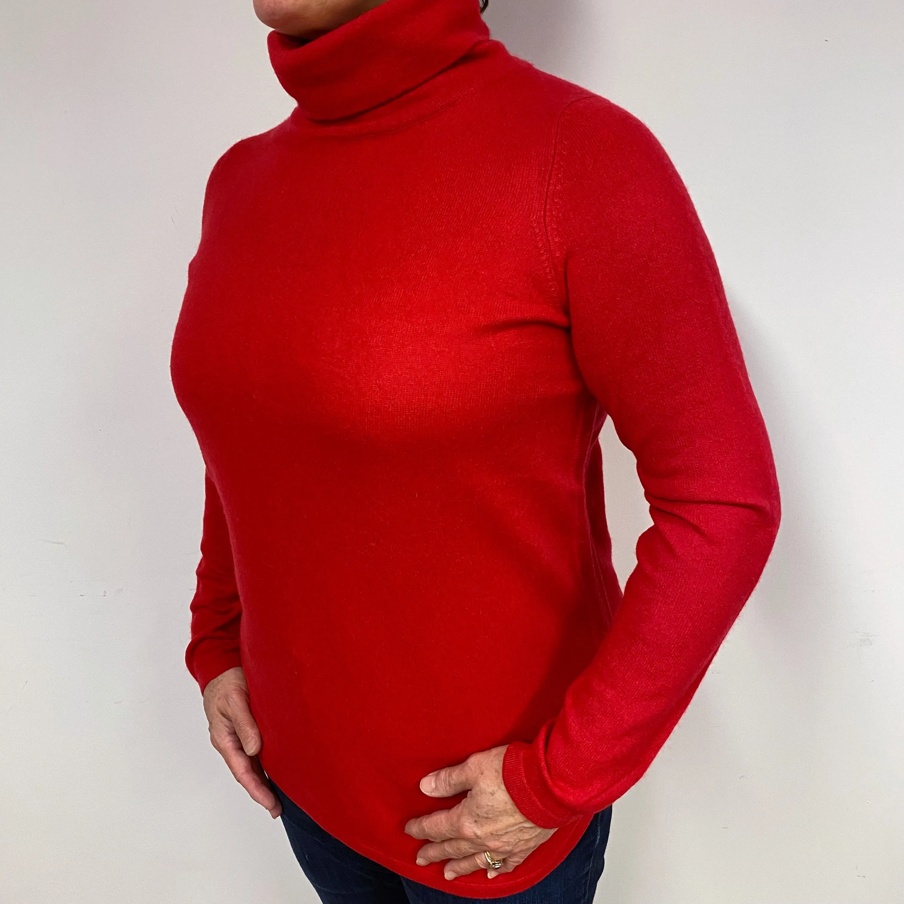 Red Scooped Hem Cashmere Polo Neck Jumper Large