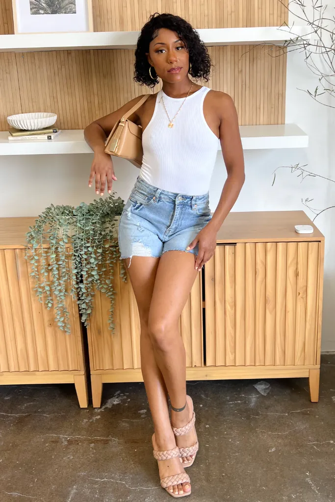 Ribbed High Neck Bodysuit - White