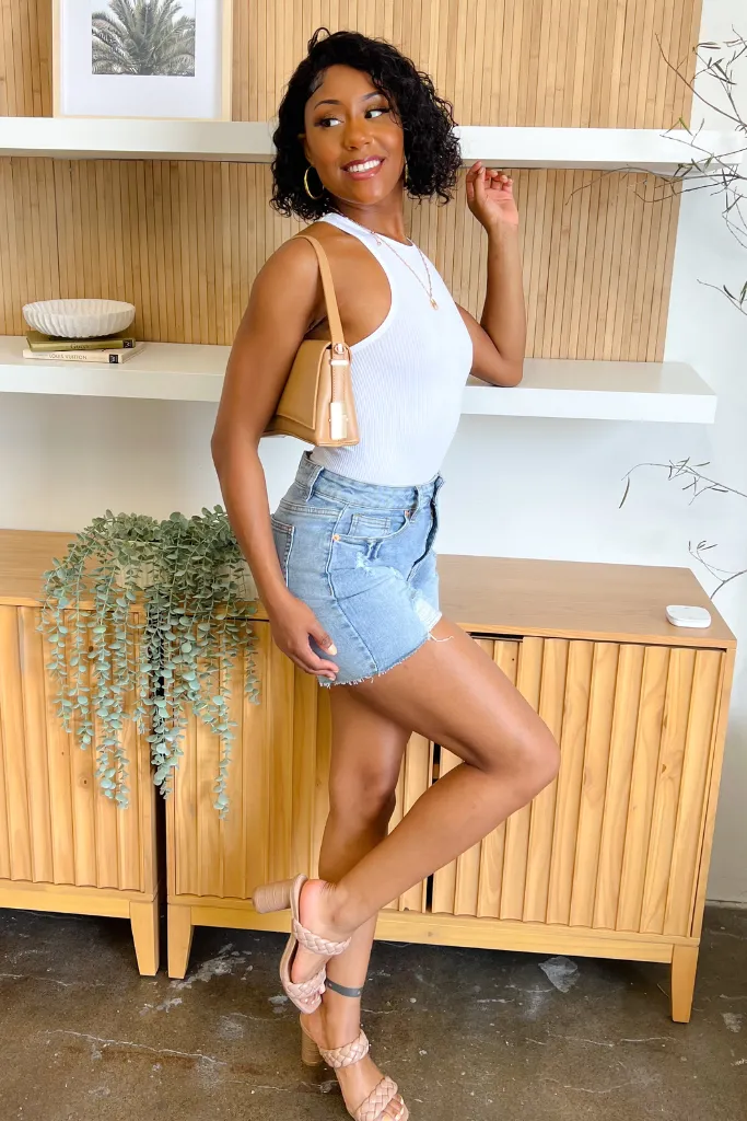 Ribbed High Neck Bodysuit - White