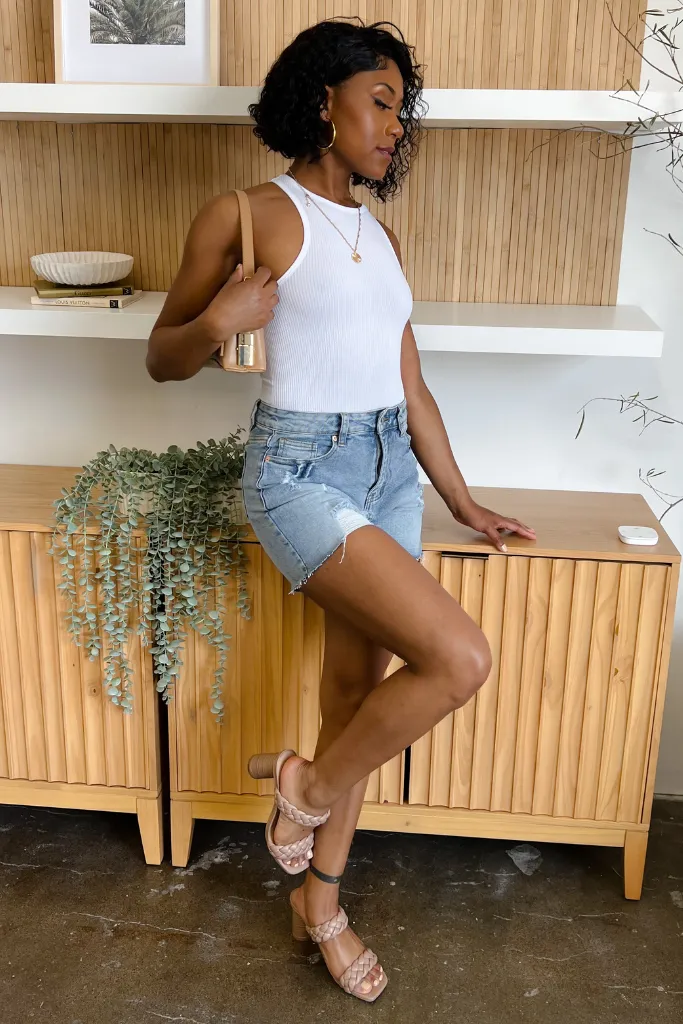 Ribbed High Neck Bodysuit - White