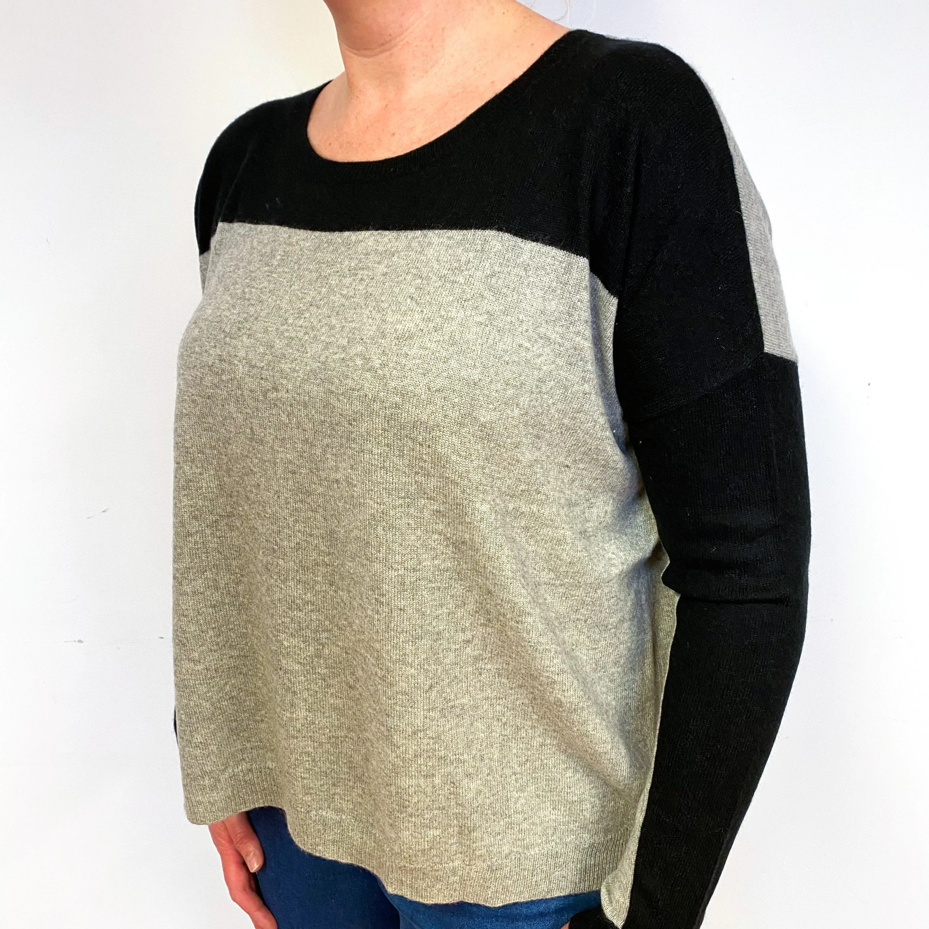 Slouchy Grey Black Cashmere Crew Neck Jumper Large