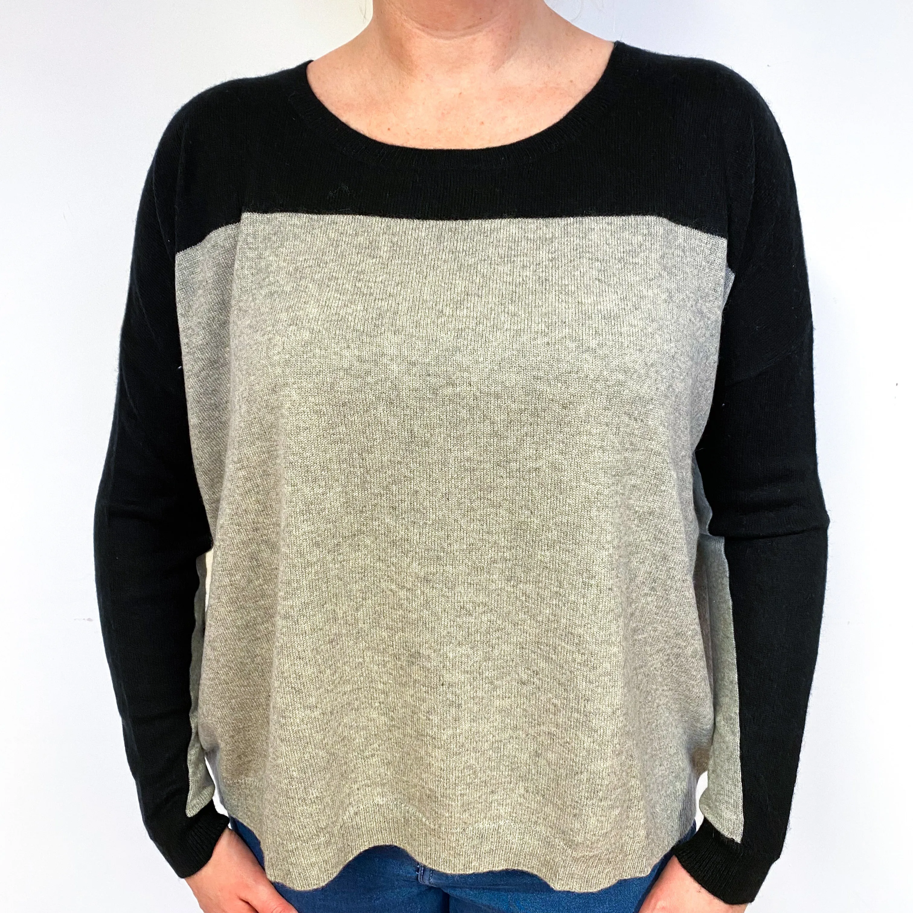 Slouchy Grey Black Cashmere Crew Neck Jumper Large
