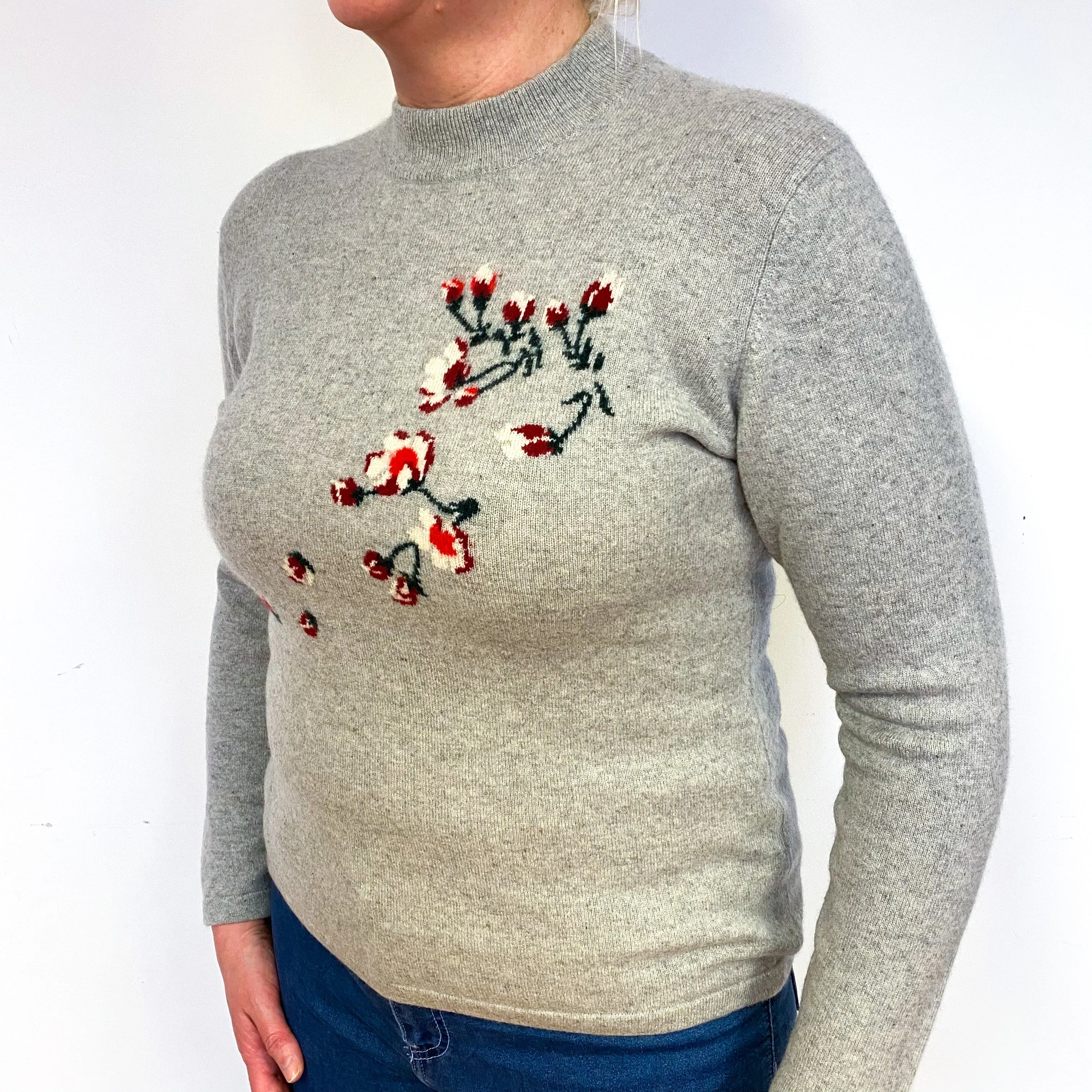 Smoke Grey Floral Cashmere Crew Neck Jumper Large