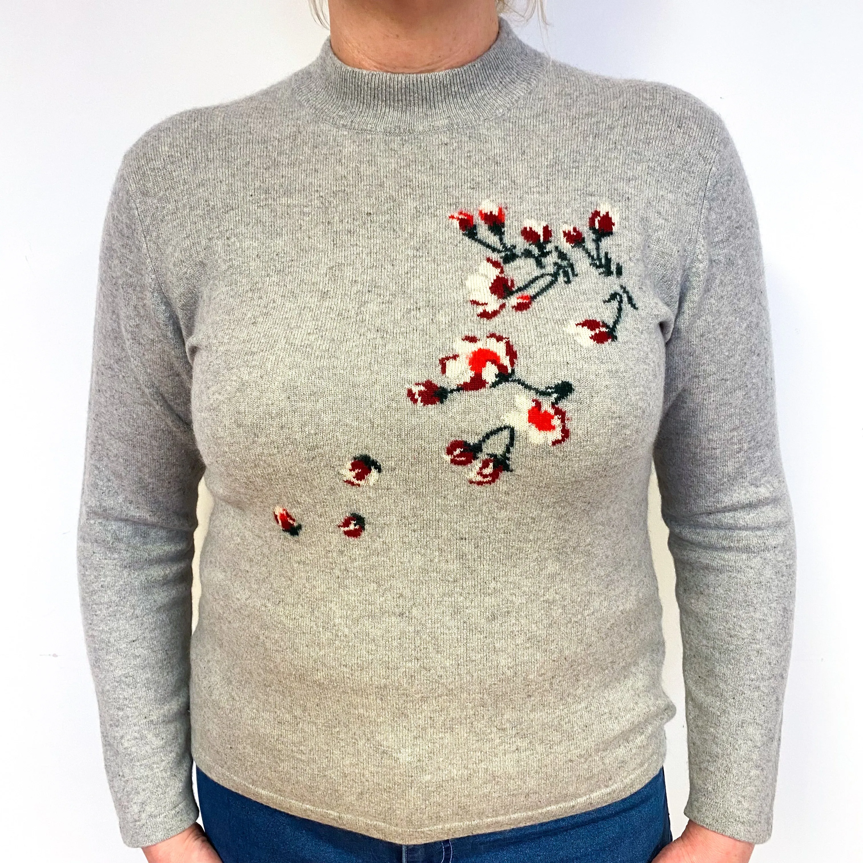 Smoke Grey Floral Cashmere Crew Neck Jumper Large