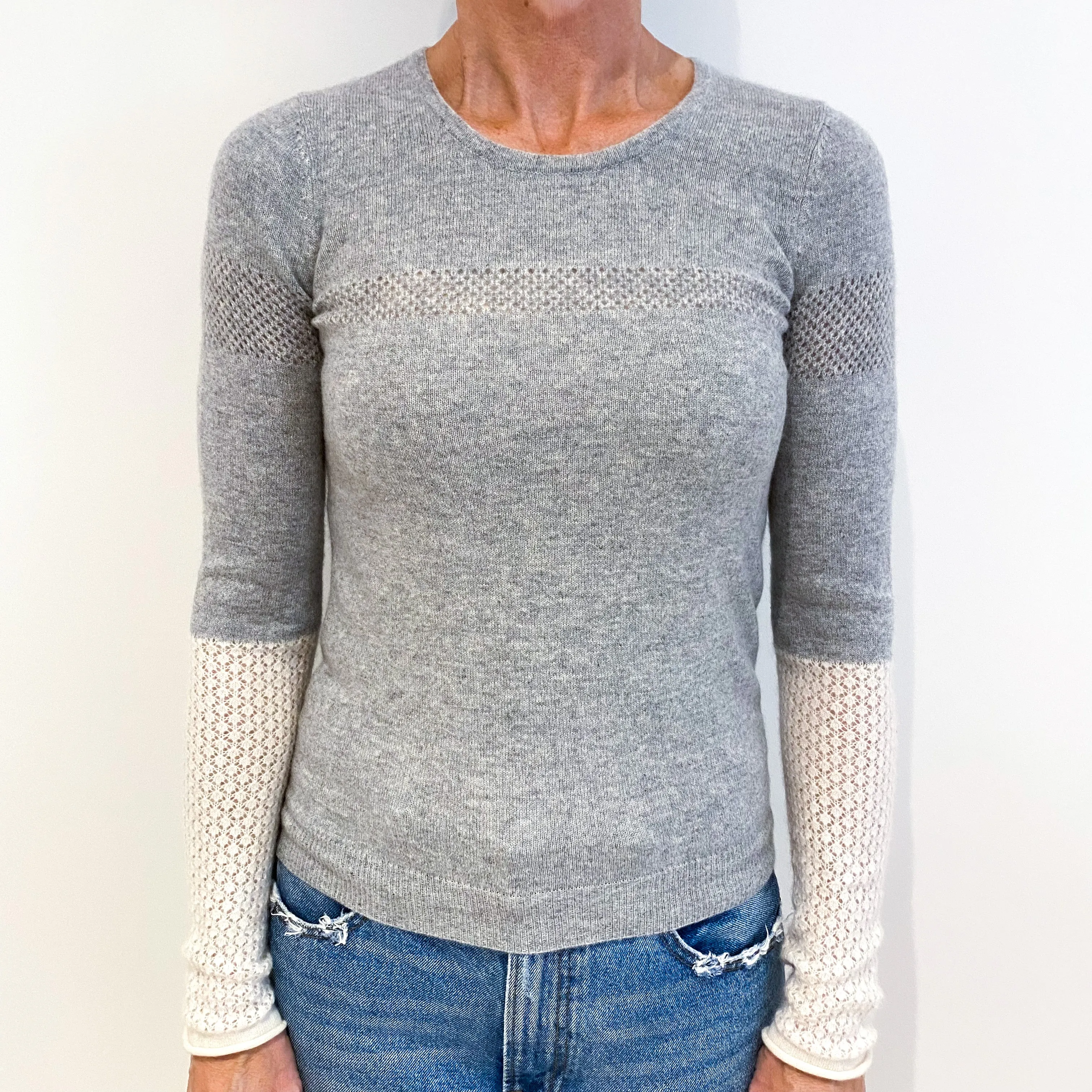 Smoke Grey Ivory Lace Cashmere Crew Neck Jumper Small