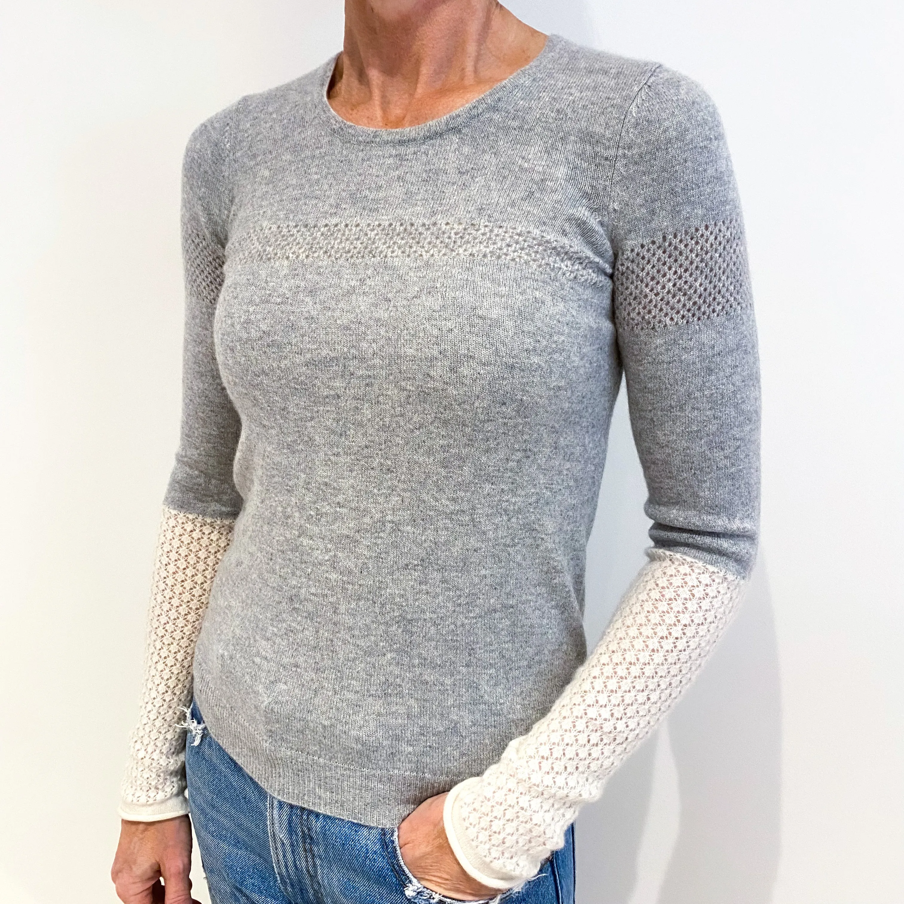 Smoke Grey Ivory Lace Cashmere Crew Neck Jumper Small