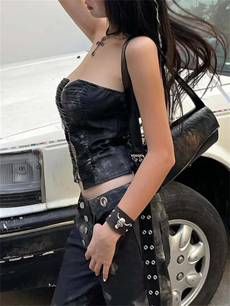 Summer Backless Vintage Gothic Bandage Crop Sexy Sleeveless Y2K Strapless Top