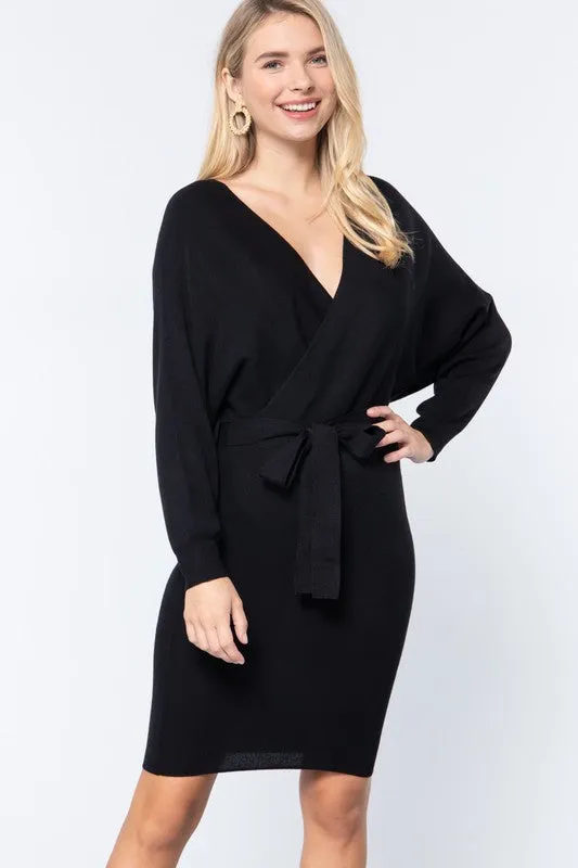 Tie Waist Sweater Dress - Black