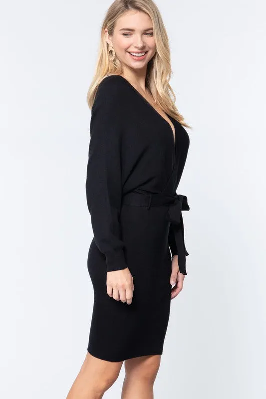 Tie Waist Sweater Dress - Black