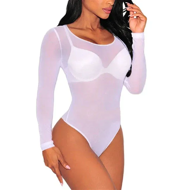 Transparent Long Sleeve Bodysuits Leotard Tops