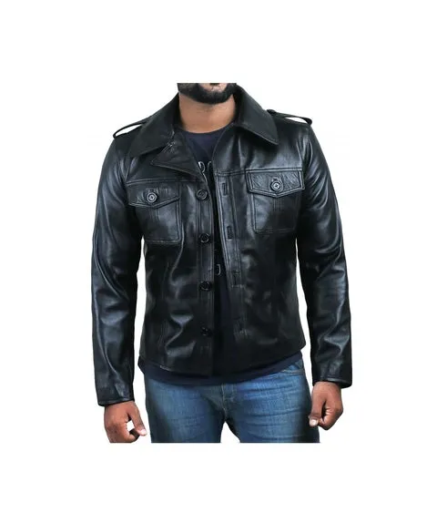 Turn Down Collar Black Leather Jacket