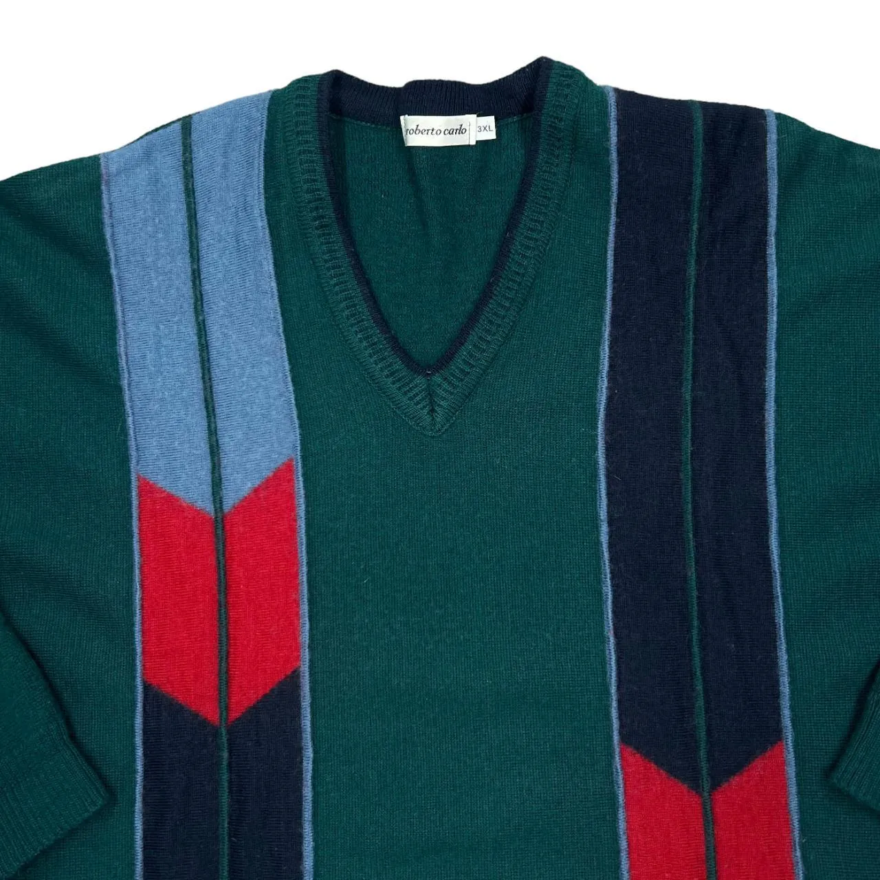 Vintage ROBERTO CARLO Grandad Colour Block Acrylic Wool Knit V-Neck Sweater Jumper
