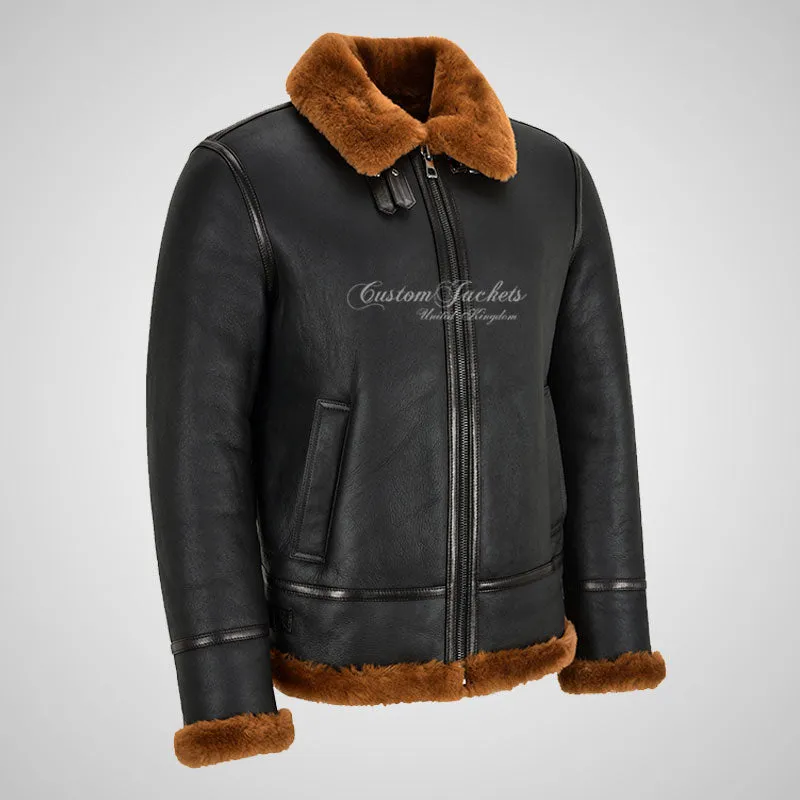 VOSTOK Men's B3 Sheepskin Flying Jacket Black Shearling Fur Jacket