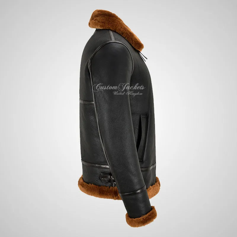 VOSTOK Men's B3 Sheepskin Flying Jacket Black Shearling Fur Jacket