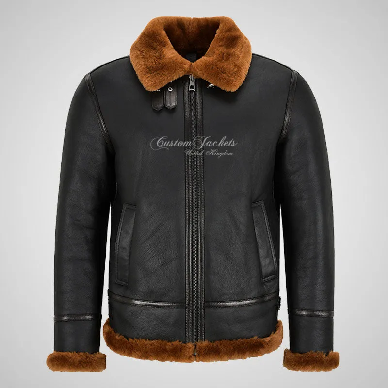 VOSTOK Men's B3 Sheepskin Flying Jacket Black Shearling Fur Jacket