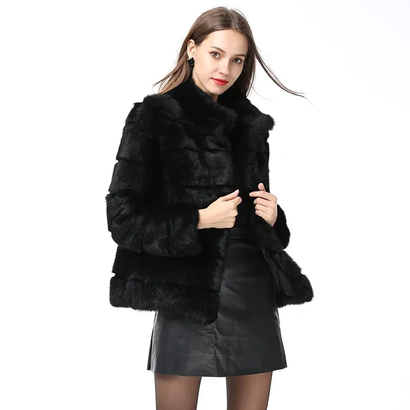 Whole Full Pelt Rabbit Fur Coat Stand Collar Jacket Real Rabbit Fur Coat New Winter Women Fashion Fur Waistcoat Natural Fur Coat