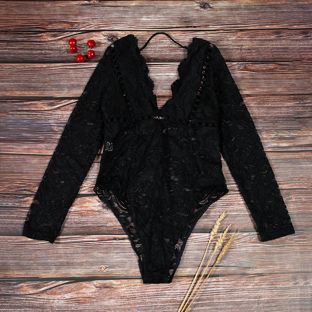 Women Deep V Neck Long Sleeve Lace Bodysuit