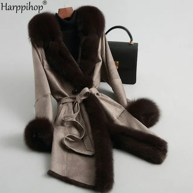 Women's Authentic Fur Collar Leather Coat