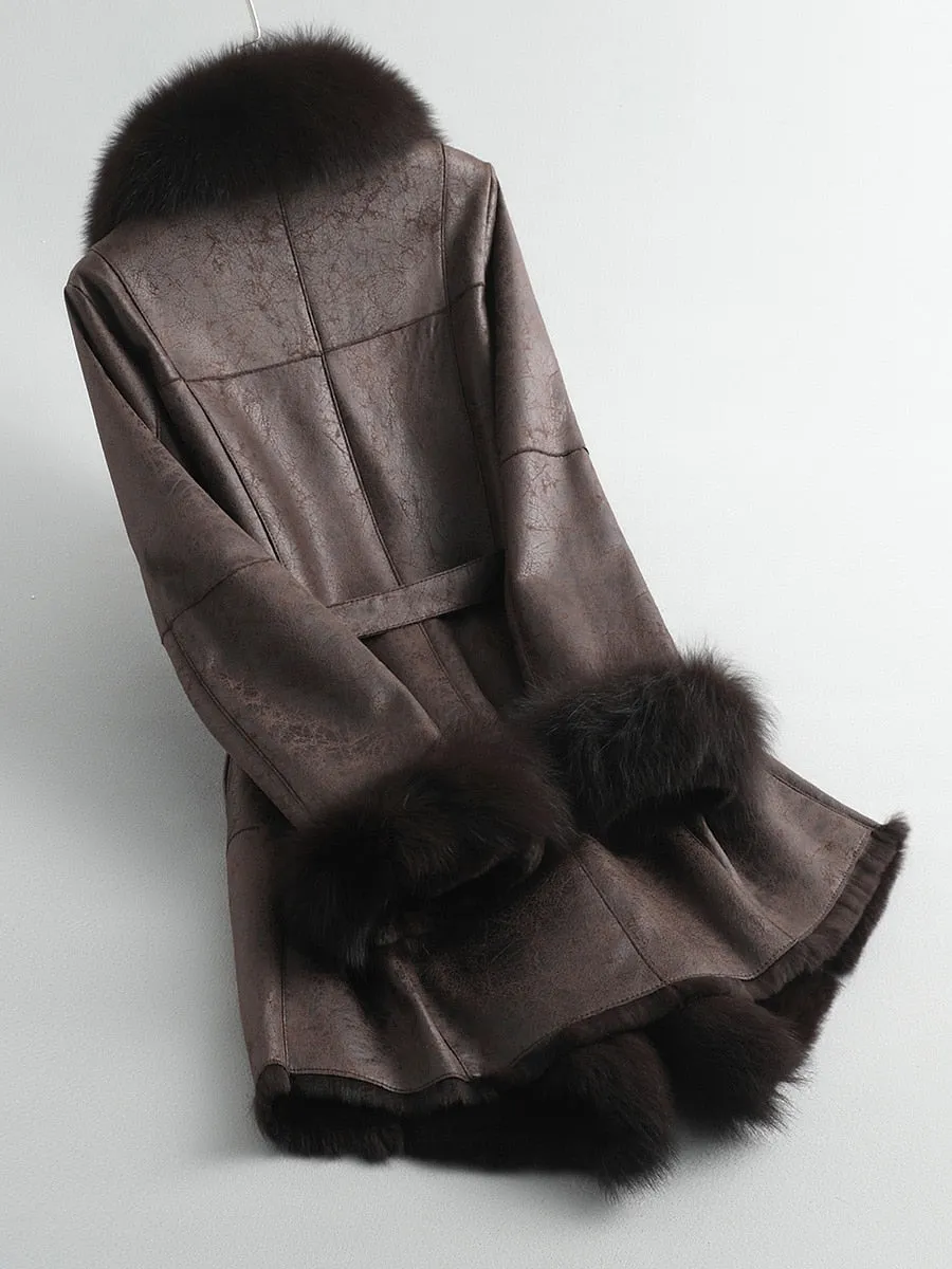 Women's Authentic Fur Collar Leather Coat
