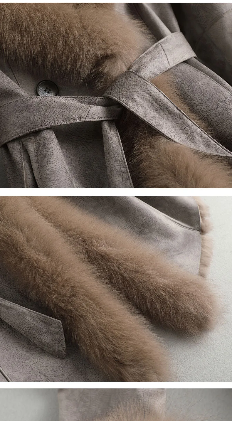 Women's Authentic Fur Collar Leather Coat