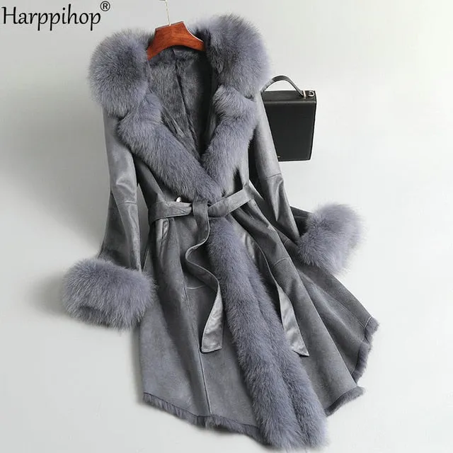 Women's Authentic Fur Collar Leather Coat