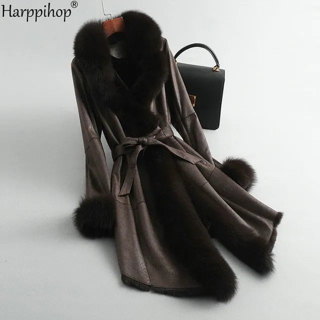 Women's Authentic Fur Collar Leather Coat