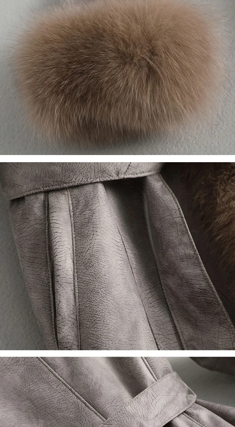 Women's Authentic Fur Collar Leather Coat