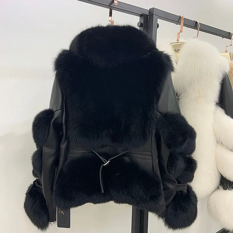 Women's Genuine Sheepskin Leather & 100% Authentic Fur Coat