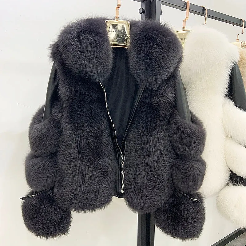 Women's Genuine Sheepskin Leather & 100% Authentic Fur Coat