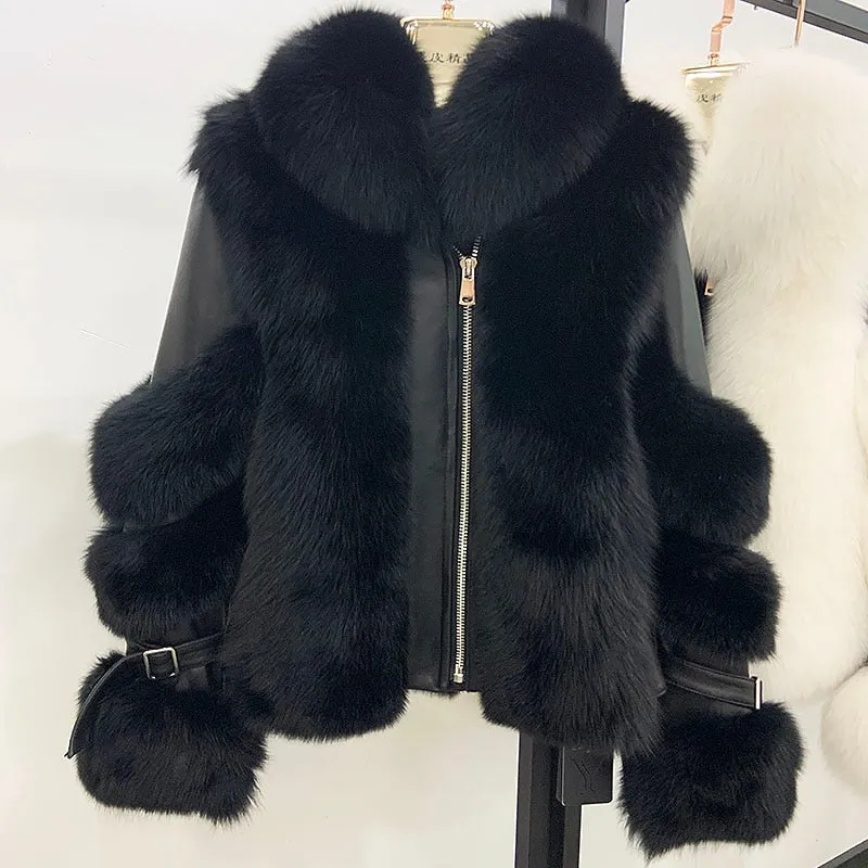 Women's Genuine Sheepskin Leather & 100% Authentic Fur Coat