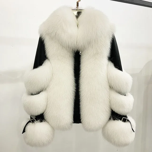 Women's Genuine Sheepskin Leather & 100% Authentic Fur Coat