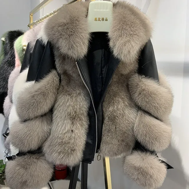 Women's Genuine Sheepskin Leather & 100% Authentic Fur Coat