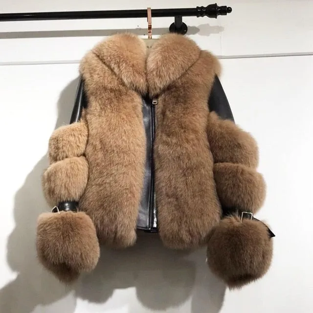 Women's Genuine Sheepskin Leather & 100% Authentic Fur Coat