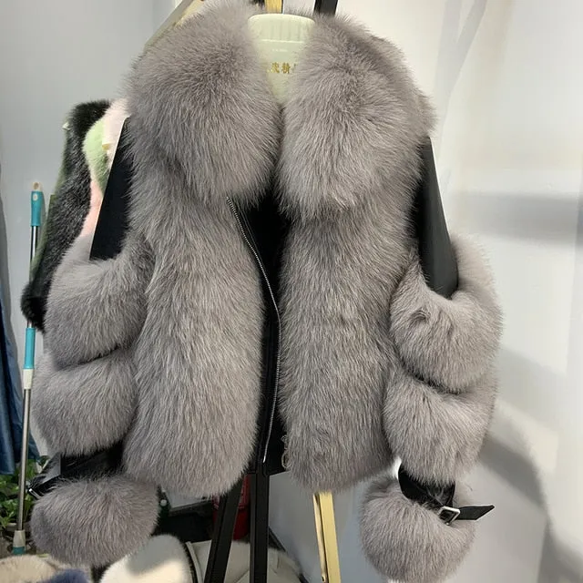 Women's Genuine Sheepskin Leather & 100% Authentic Fur Coat
