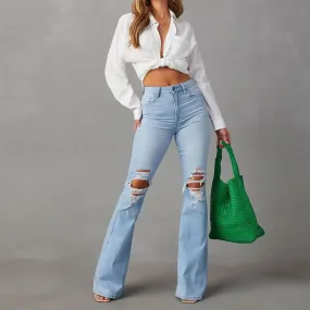 Women's High Waist Flare Jeans with Holes Y2K Denim Trousers
