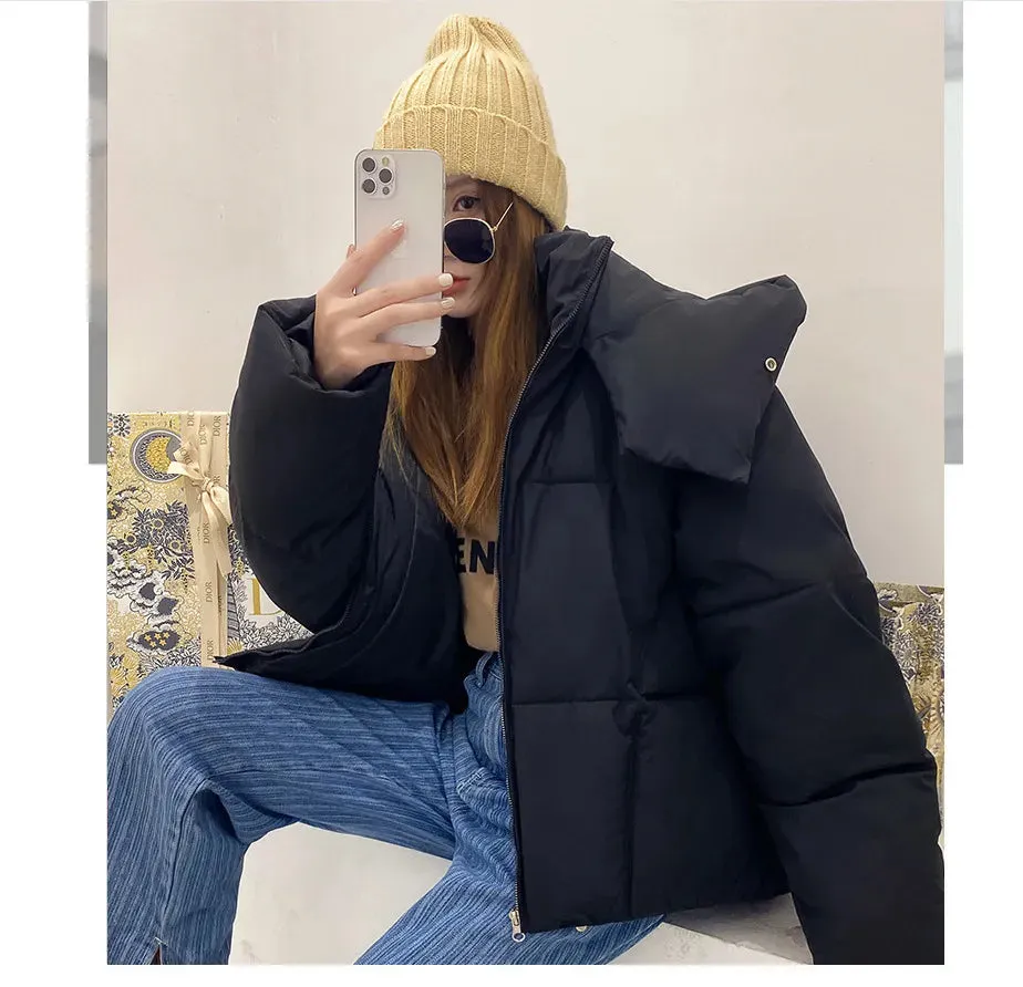 Women's Quilted Winter Jacket Fluffy Hooded Bread Down Jacket Thick Loose Short Puffer Coat Jacket