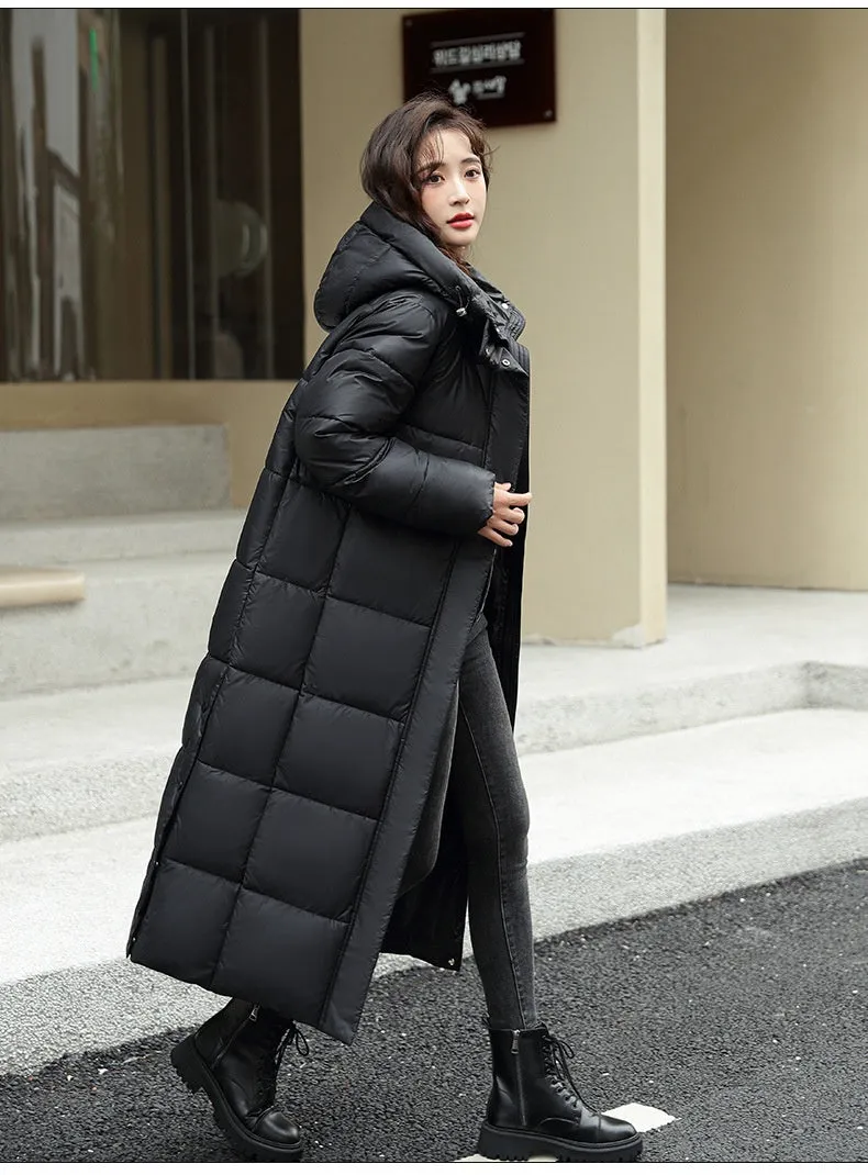 Women's Super Long Down Jacket Winter Puffer Thick Coat Black Red Hooded Zipper Keep Warm Fall Winter Casual Clothes