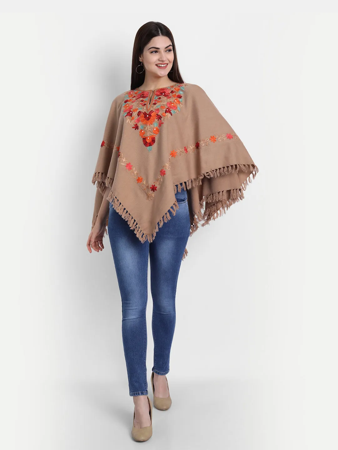 Woollen Poncho with Kashmiri Embroidery and Silk Lining | Brown